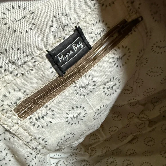 Myra Bag Tan and Brown Tote Bag 100% cotton 100% leather 26x30 - Picture 6 of 6